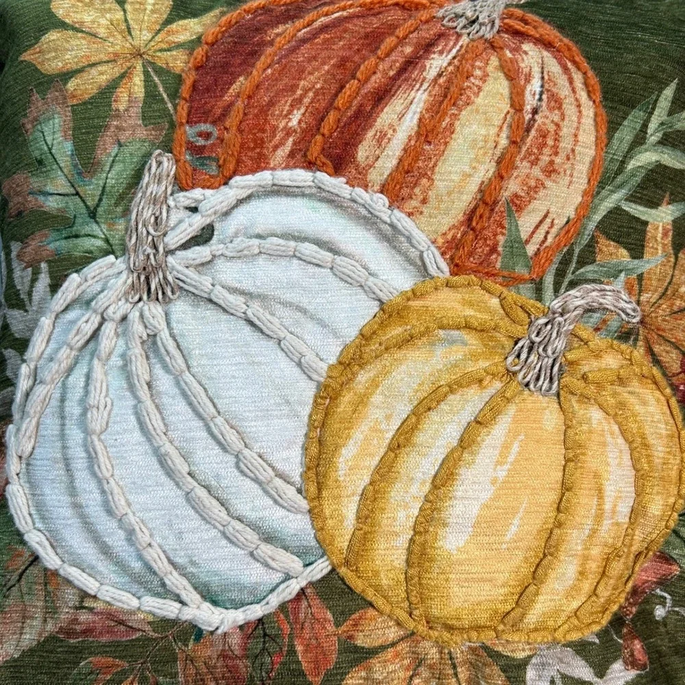 Farmhouse Rachel Ashwell Embroidered Pumpkin Fall Throw Pillow Shabby Chic 16
